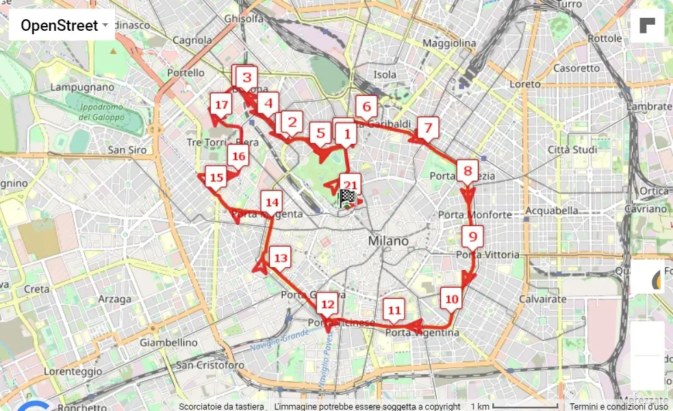 50° Stramilano, mappa percorso gara 21.0975 km