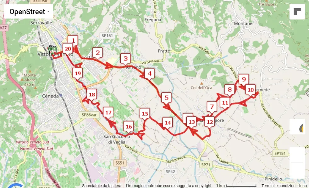 8° Maratonina della Vittoria, 21.0975 km race course map