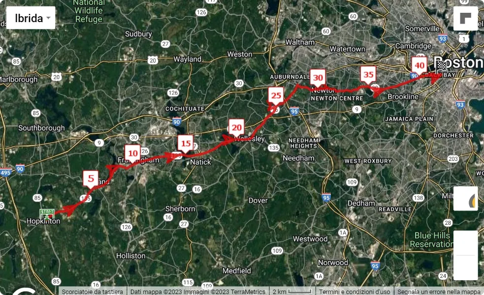 mappa percorso di gara 127th Boston Marathon