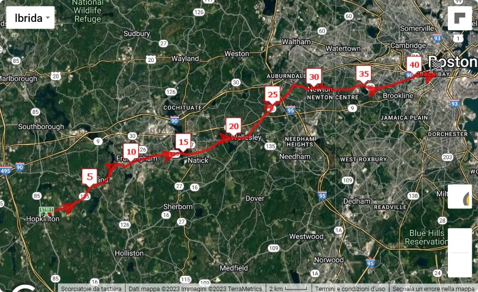 127th Boston Marathon, 42.195 km race course map