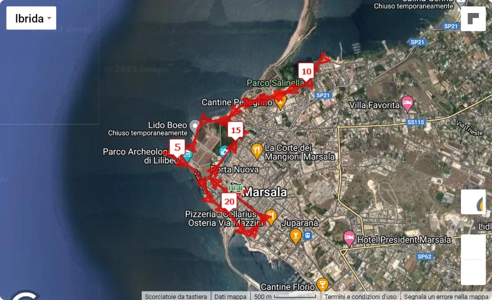 8° Maratonina del Vino Città di Marsala, 21.0975 km race course map