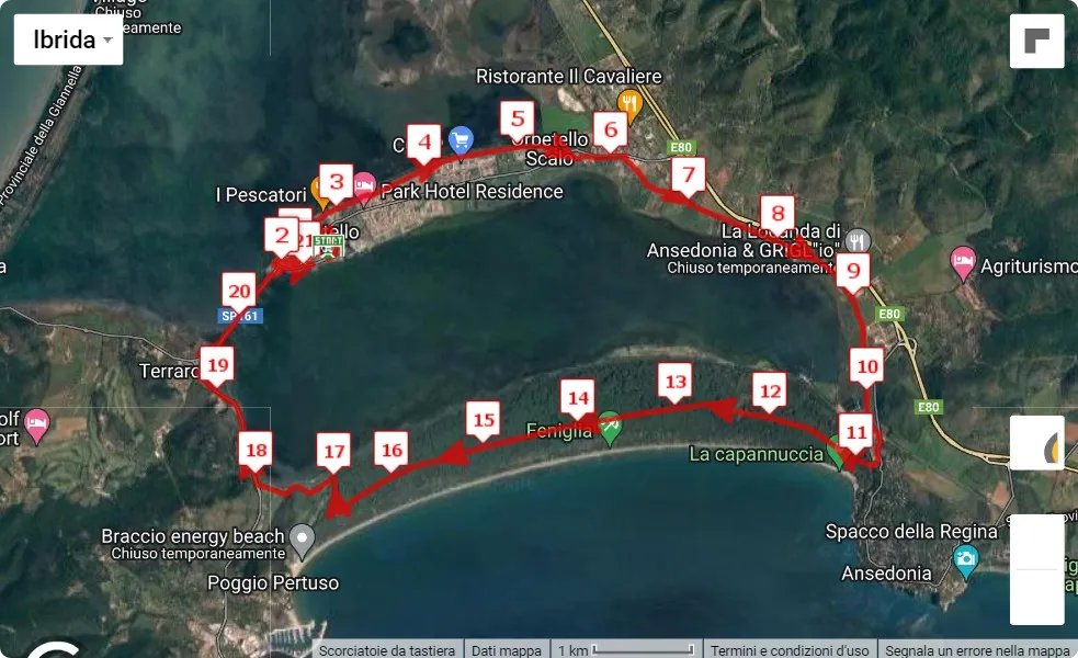 13° Giro della Laguna - Orbetello Half Marathon, 21.0975 km race course map