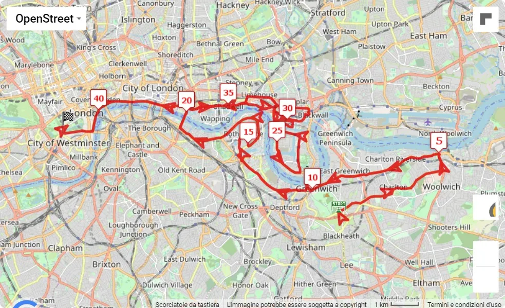 2023 TCS London Marathon 42.195 km course map.