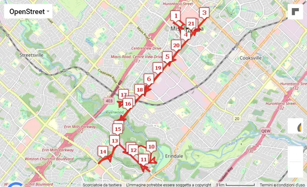 Mississauga Half Marathon 2023, 21.0975 km race course map