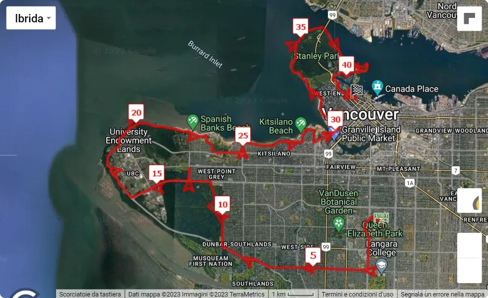 mappa percorso di gara BMO Vancouver Marathon 2023