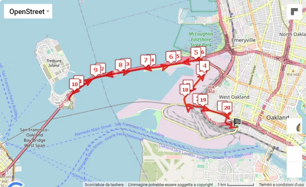 Bay Bridge Half Marathon 2023, 21.0975 km race course map