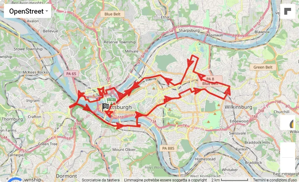 DICK'S Sporting Goods Pittsburgh Marathon 2023, mappa percorso gara 42.195 km