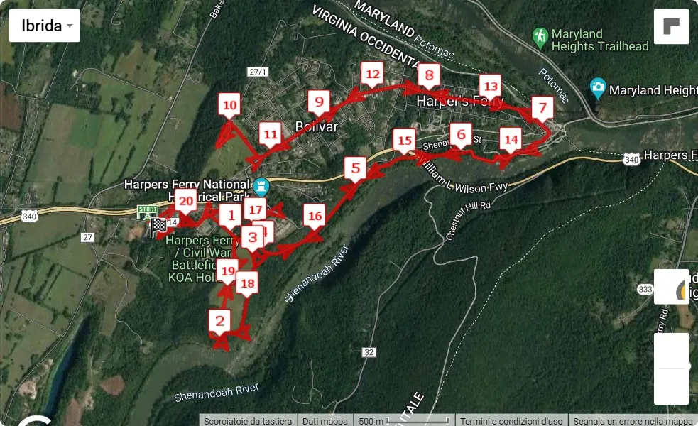 mappa percorso di gara Harpers Ferry Half Marathon 2023