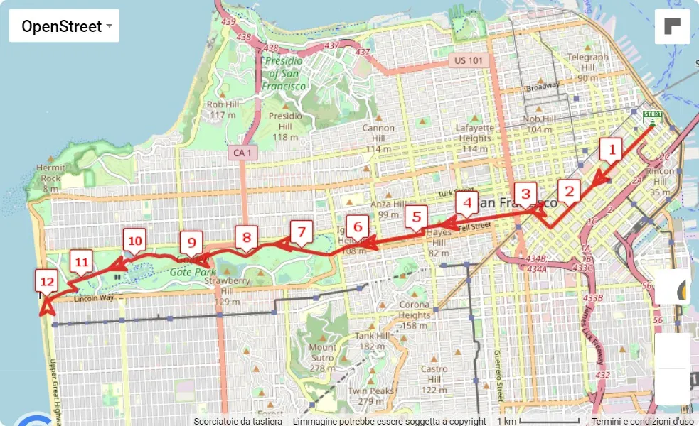 Bay to Breakers 2023, 12 km race course map