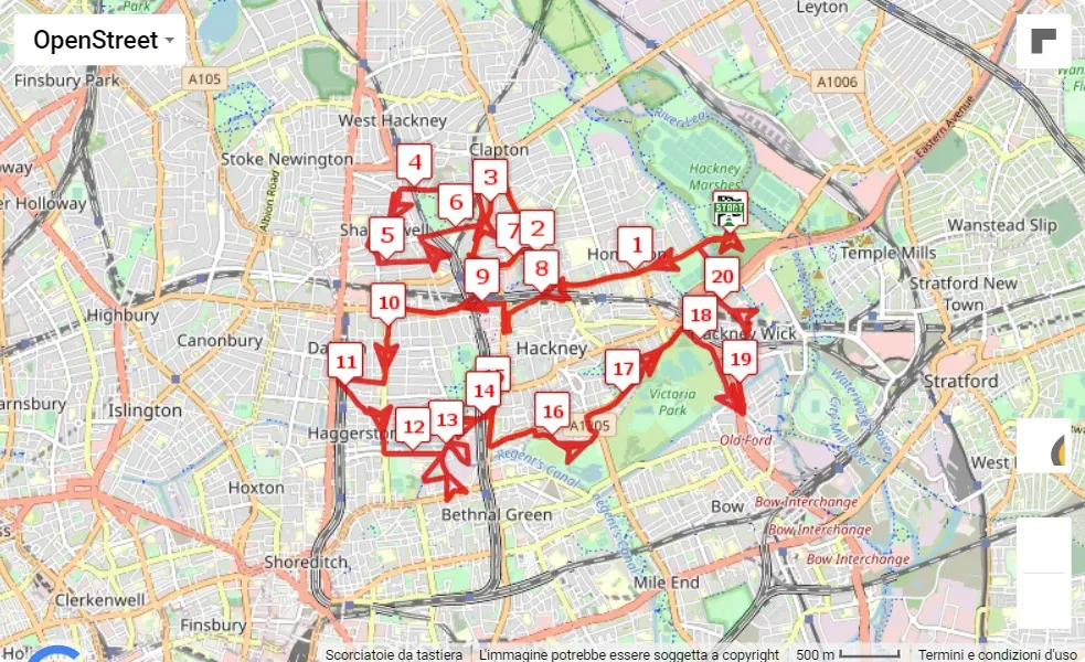 mappa percorso di gara Hackney Half Marathon 2023