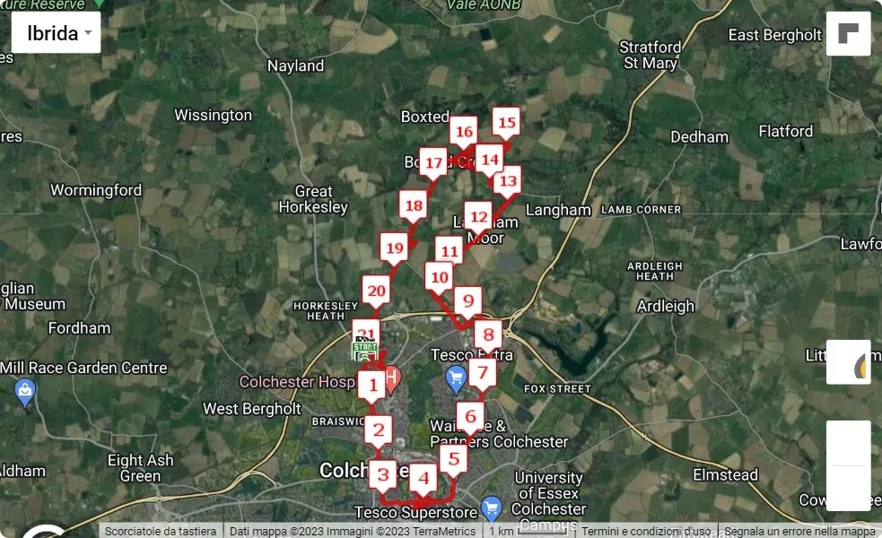 Colchester Half Marathon 2023, 21.0975 km race course map