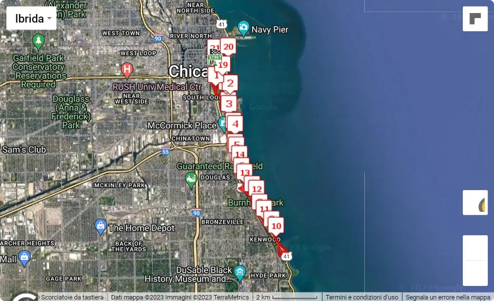 Byline Bank Chicago Spring Half Marathon 2023, 21.0975 km race course map