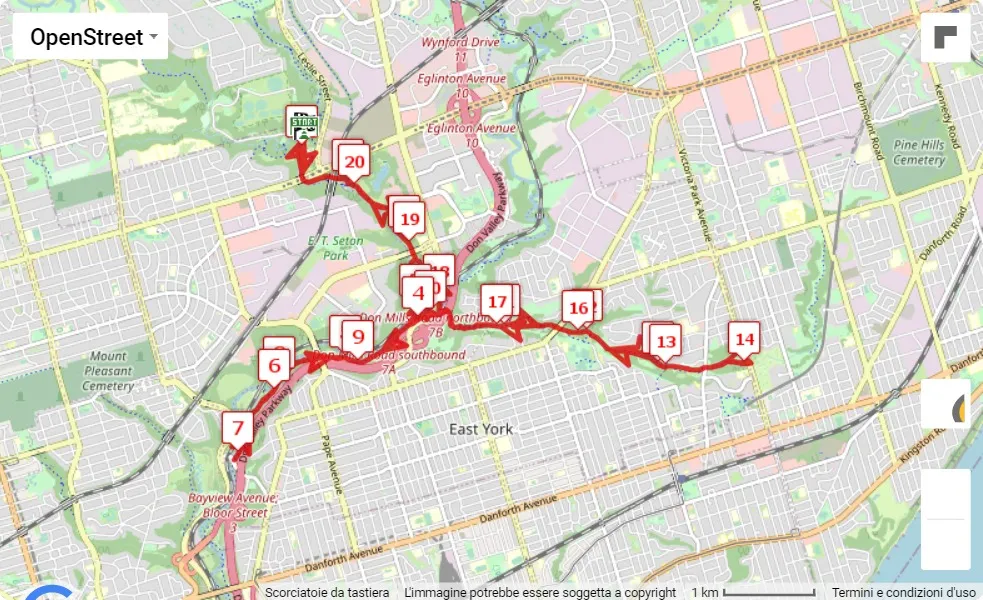 Toronto Women’s Half Marathon/5k, 21.0975 km race course map