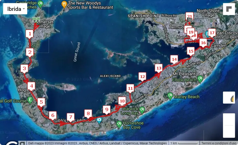 Bermuda Half Marathon Derby 2023, 21.0975 km race course map