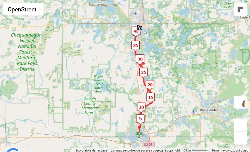 mappa percorso di gara Minocqua Northwoods Escape Marathon 2023