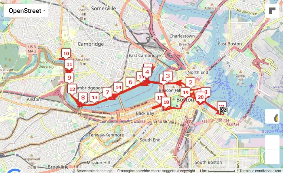 Boston's Run To Remember 2023, mappa percorso gara 21.0975 km