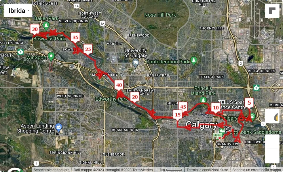 mappa percorso di gara Servus Calgary Marathon 2023