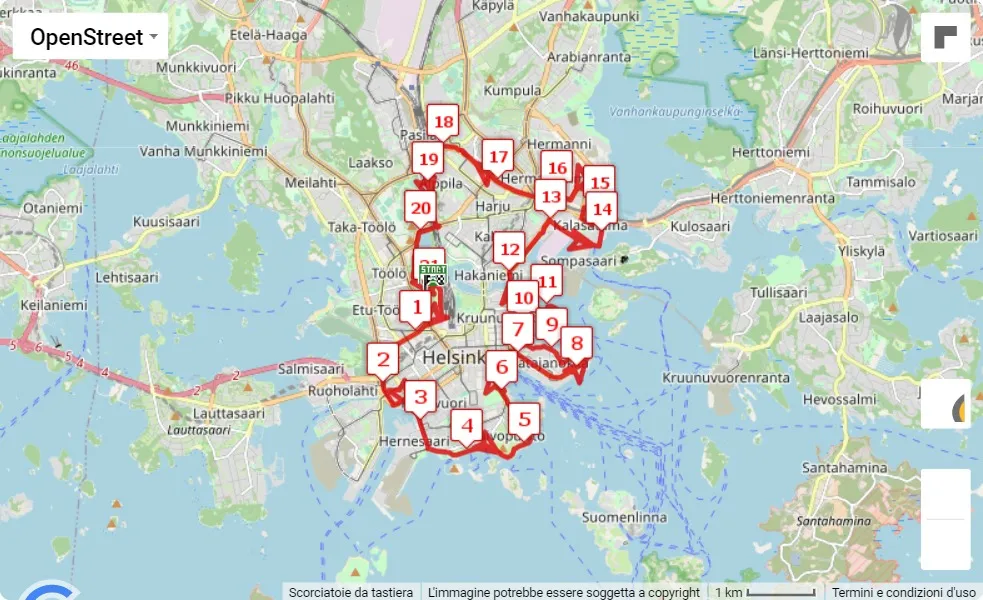 mappa percorso di gara BMW Helsinki Half Marathon 2023