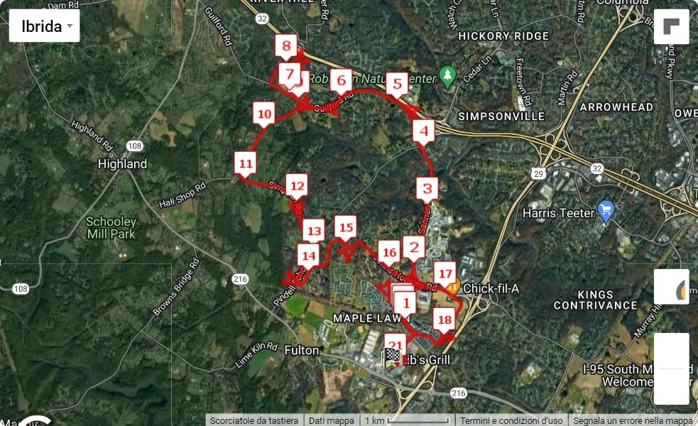 Maryland Half Marathon & 5K 2023, mappa percorso gara 21.0975 km