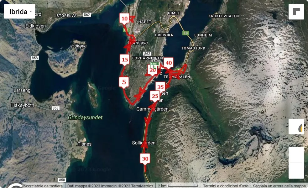 Tromsø Midnight Sun Marathon 2023, mappa percorso gara 42.195 km