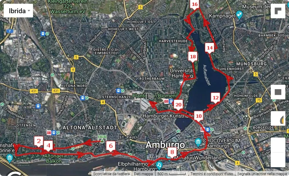 mappa percorso di gara Hella Hamburg Halbmarathon 2023