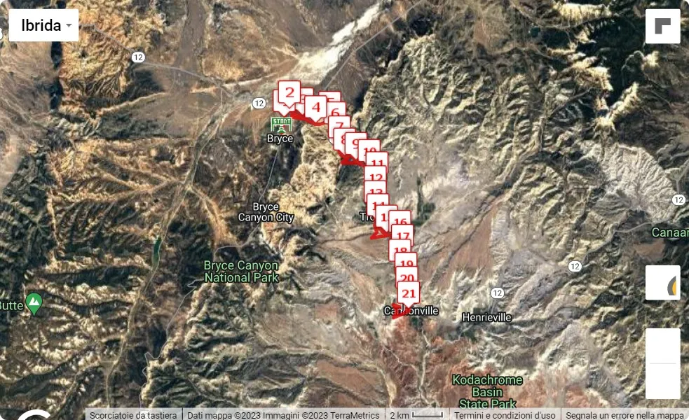 Bryce Canyon Half Marathon 2023, 21.0975 km race course map