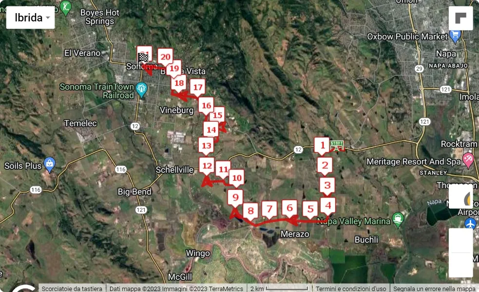 mappa percorso di gara Napa-to-Sonoma Wine Country Half Marathon