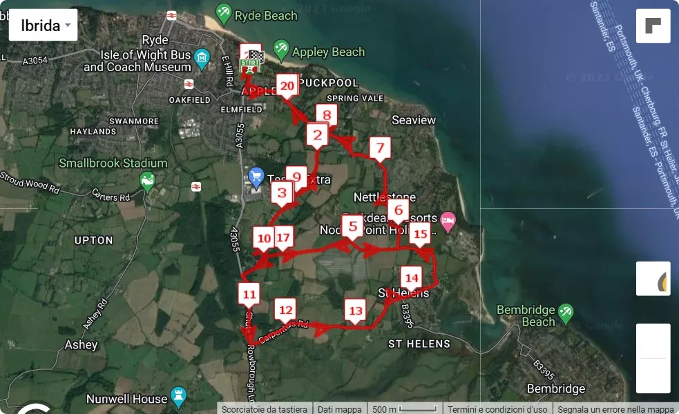 Isle of Wight Half Marathon 2023, 21.0975 km race course map