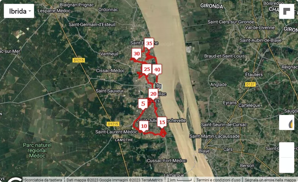 mappa percorso di gara Marathon des Châteaux du Médoc 2023