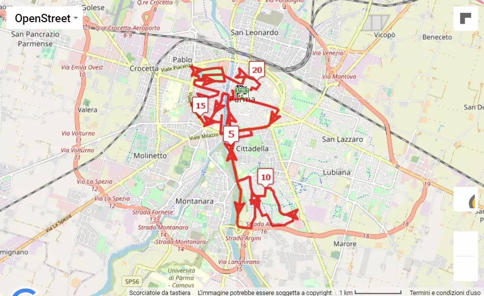 25° Parma Mezza Maratona, 21.0975 km race course map