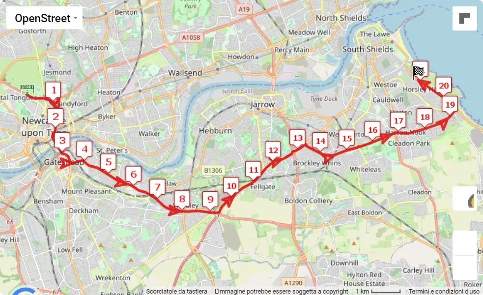 AJ Bell Great North Run 2023, mappa percorso gara 21.0975 km