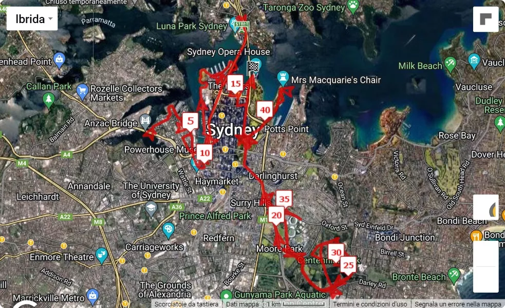 mappa percorso di gara Sydney Marathon 2023