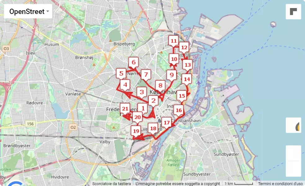 Copenhagen Half Marathon 2023, 21.0975 km race course map