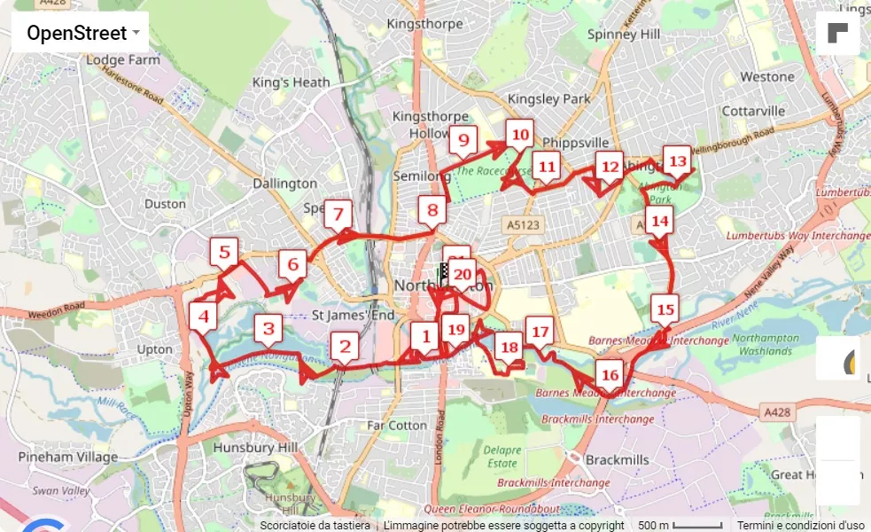 The Amazing Northampton Run 2023, 21.0975 km race course map