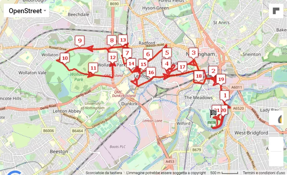 mappa percorso di gara Robin Hood Half Marathon 2023