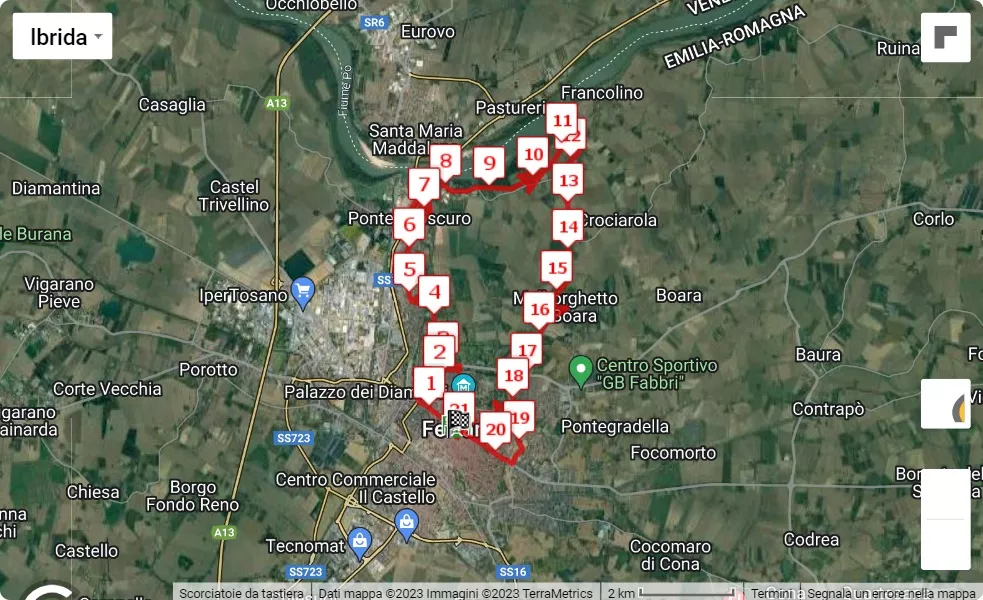 Ferrara Half Marathon 2023, 21.0975 km race course map