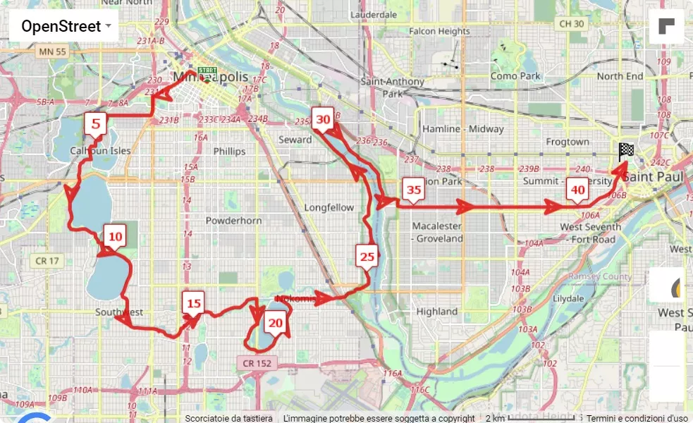 mappa percorso di gara Medtronic Twin Cities Marathon 2023