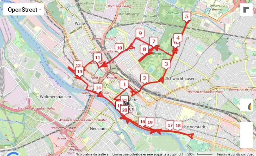 18. swb-Marathon Bremen 2023, mappa percorso gara 21.0975 km