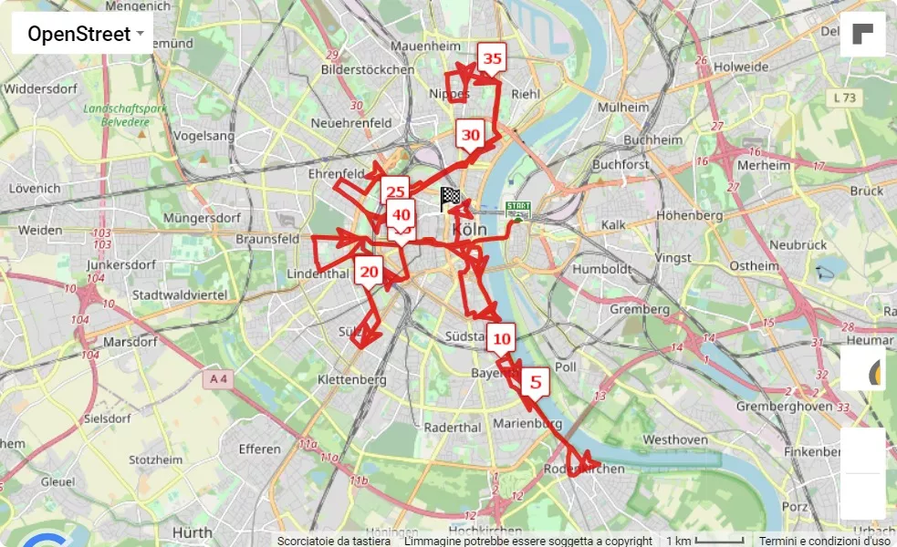 mappa percorso di gara Generali Köln Marathon 2023