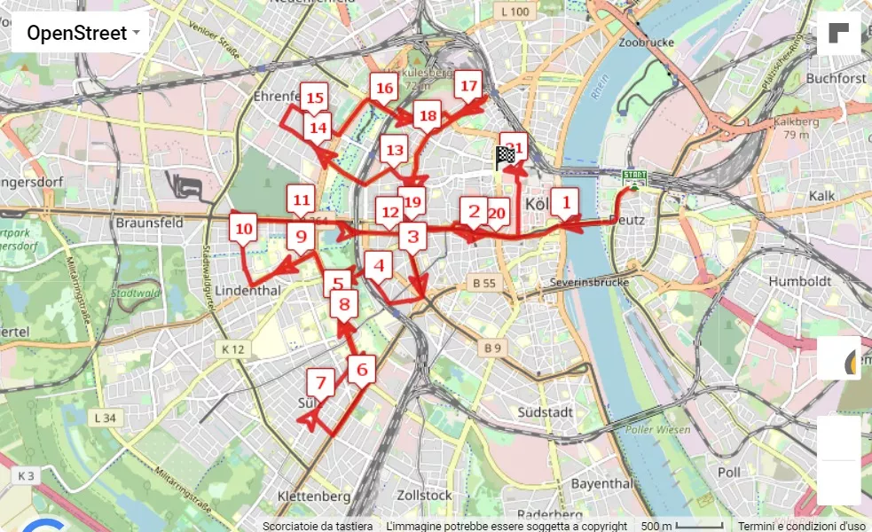 Generali Köln Marathon 2023, 21.0975 km race course map