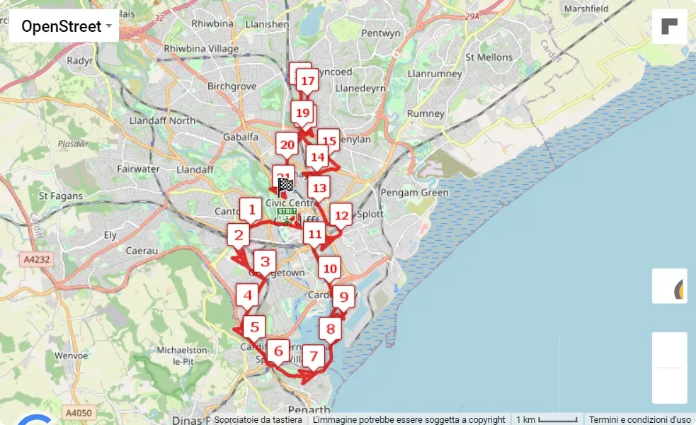 Cardiff Half Marathon, 21.0975 km race course map