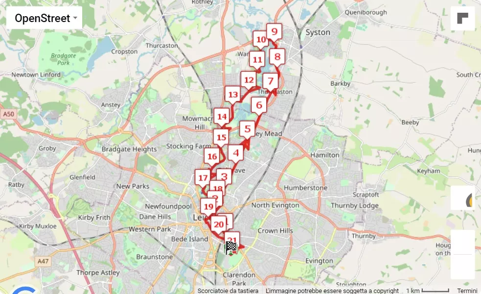 mappa percorso di gara Run Leicester Half Marathon & 10K
