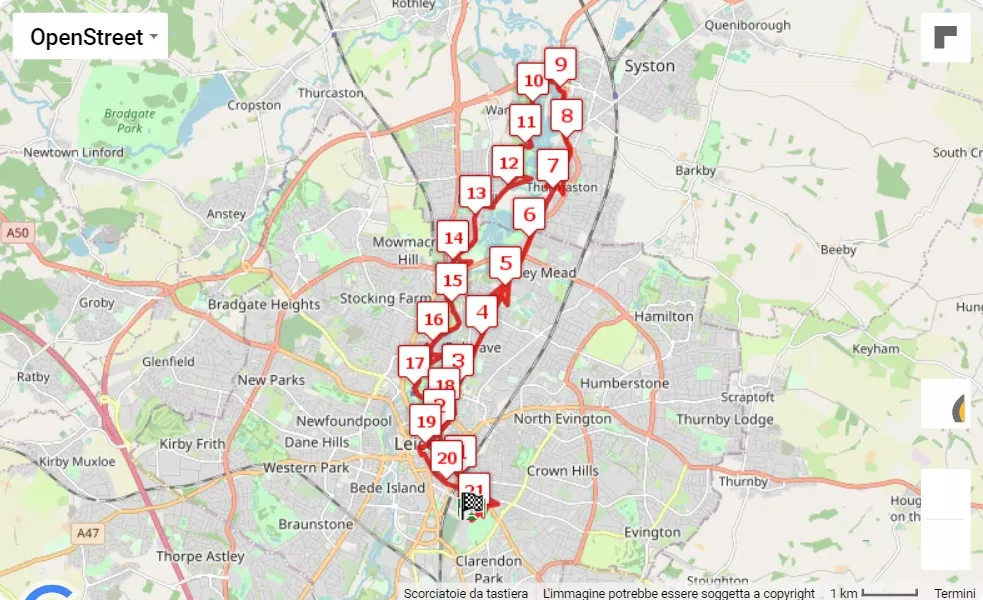 Run Leicester Half Marathon & 10K, mappa percorso gara 21.0975 km