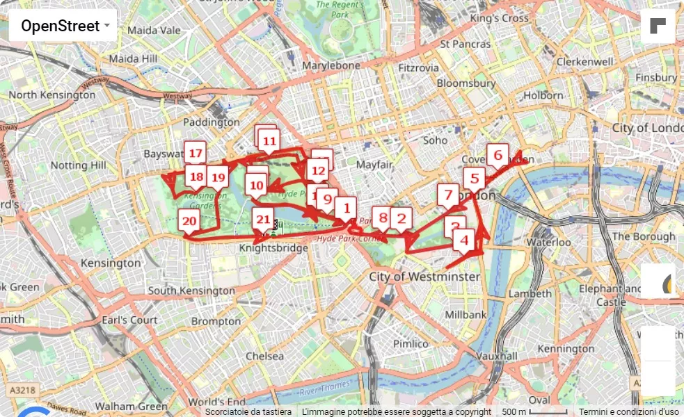 Royal Parks Half Marathon 2023, 21.0975 km race course map