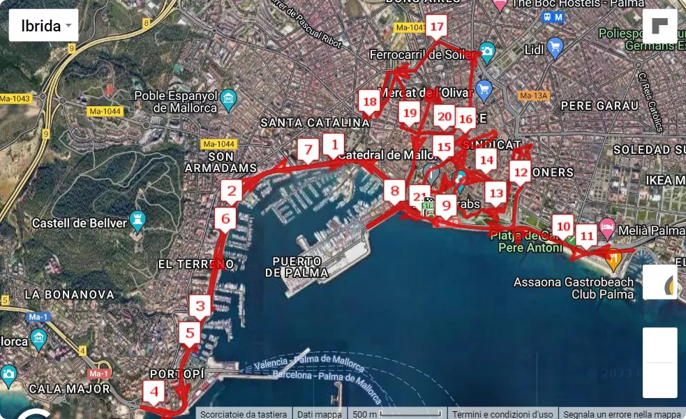 Palma Marathon Mallorca 2023, 21.0975 km race course map