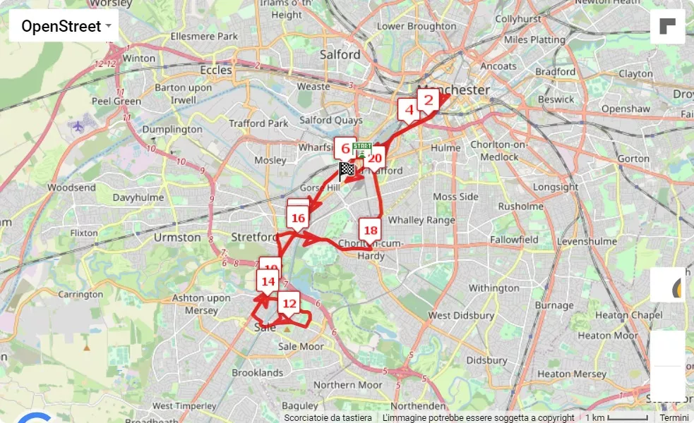 mappa percorso di gara Manchester Half Marathon 2023