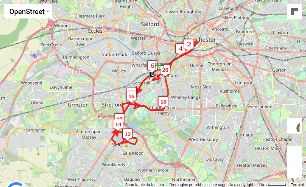 Manchester Half Marathon 2023, mappa percorso gara 21.0975 km