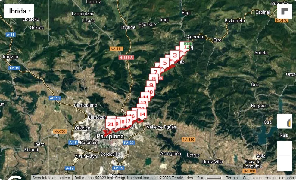 mappa percorso di gara Zubiri 21Km Pamplona