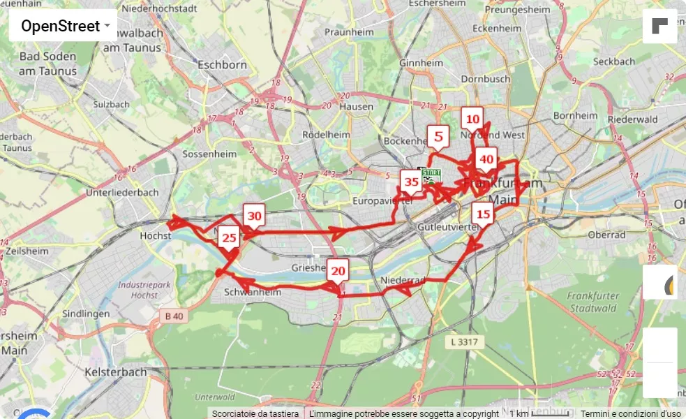 mappa percorso di gara Mainova Frankfurt Marathon 2023