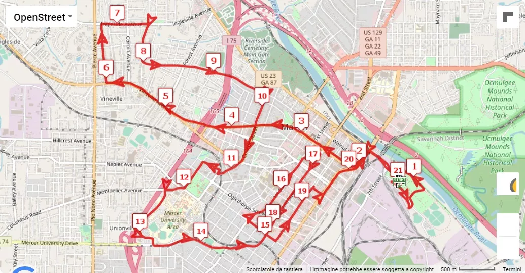 mappa percorso di gara Macon Music Half Marathon